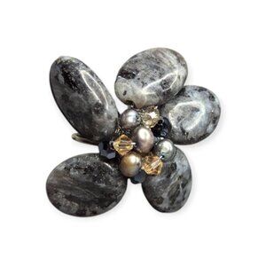 Unique Gray & Black Stone Ring with Open Band to Fit Most Sized Fingers